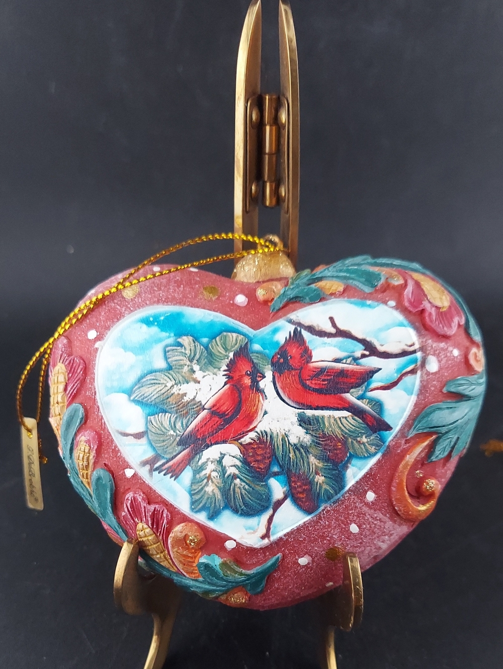 G DEBREKHT, Hand-Painted Heart Ornament with Red Cardinals - Home Art